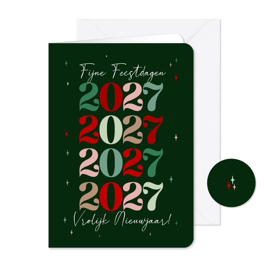 Nieuwjaarskaart kleurrijk typografie grote jaartallen - Kaartimpressie