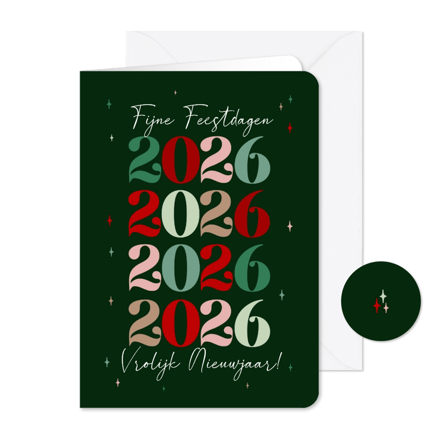 Nieuwjaarskaart kleurrijk typografie grote jaartallen - Kaartimpressie
