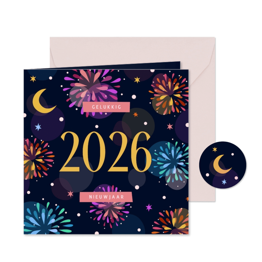 Nieuwjaarskaart kleurrijk vuurwerk 2026 - Kaartimpressie