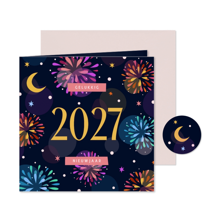 Nieuwjaarskaart kleurrijk vuurwerk 2027 - Kaartimpressie