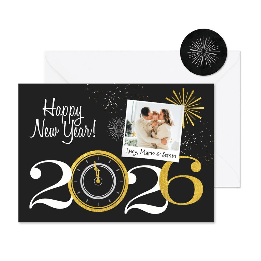 Nieuwjaarskaart klok aftellen vuurwerk oliebollen foto - Kaartimpressie