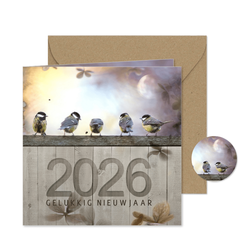Nieuwjaarskaart koolmezen op houten schutting met maantje - Kaartimpressie