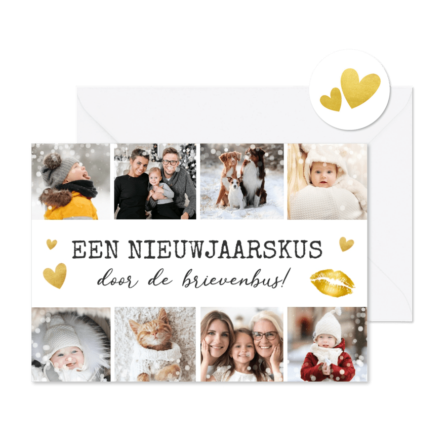 Nieuwjaarskaart kus brievenbus - fotocollage met 8 foto's - Kaartimpressie