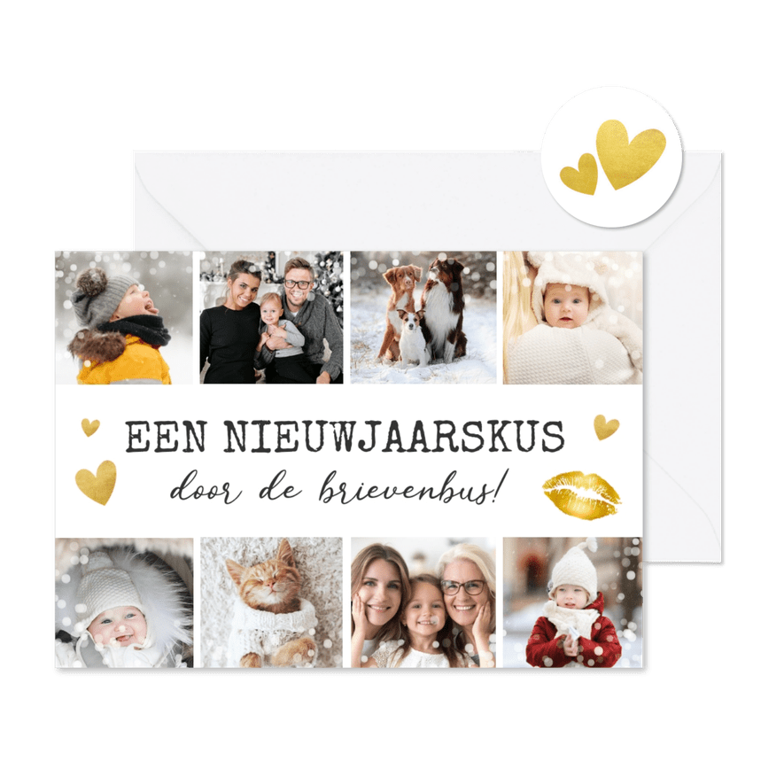 Nieuwjaarskaart kus brievenbus - fotocollage met 8 foto's - Kaartimpressie
