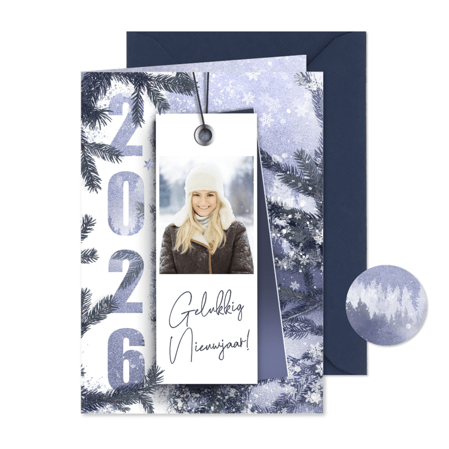 Nieuwjaarskaart label 2026 blauw winter - Kaartimpressie