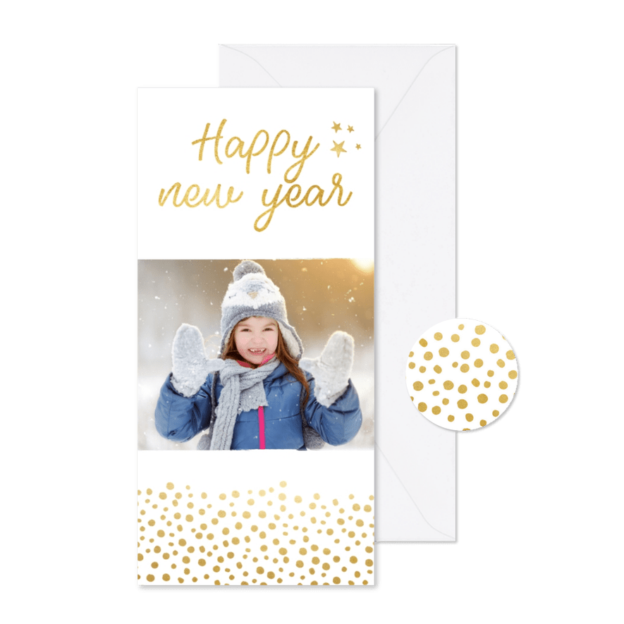 Nieuwjaarskaart langwerpig met gouden stippen - Kaartimpressie