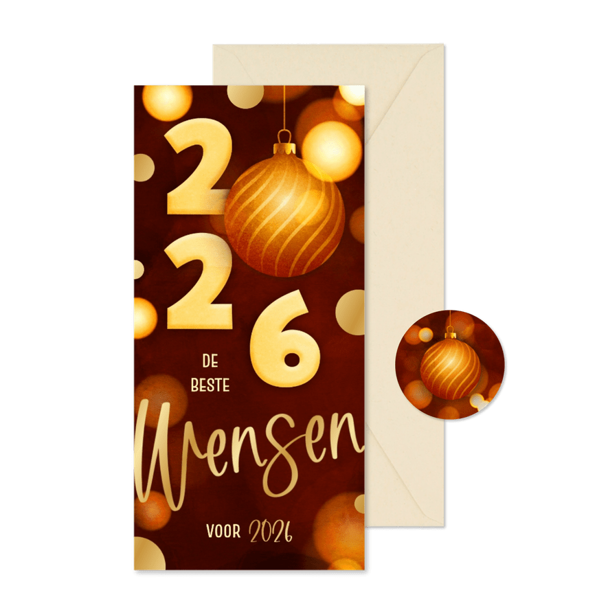 Nieuwjaarskaart langwerpig modern rood 2026 kerstbal goud - Kaartimpressie