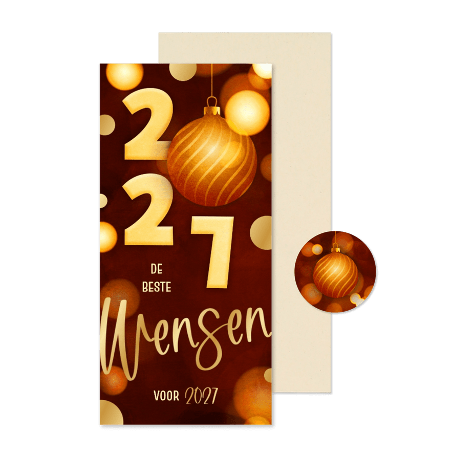 Nieuwjaarskaart langwerpig modern rood 2027 kerstbal goud - Kaartimpressie