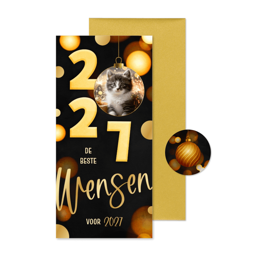 Nieuwjaarskaart langwerpig zwart 2027 kerstbal goud - Kaartimpressie