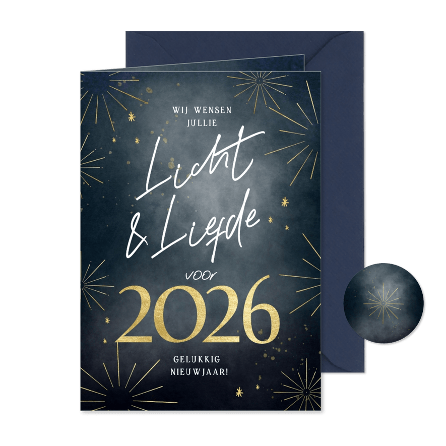 Nieuwjaarskaart licht liefde goud vuurwerk 2026 - Kaartimpressie