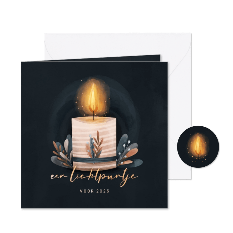 Nieuwjaarskaart lichtpuntje kaars met takjes - Kaartimpressie