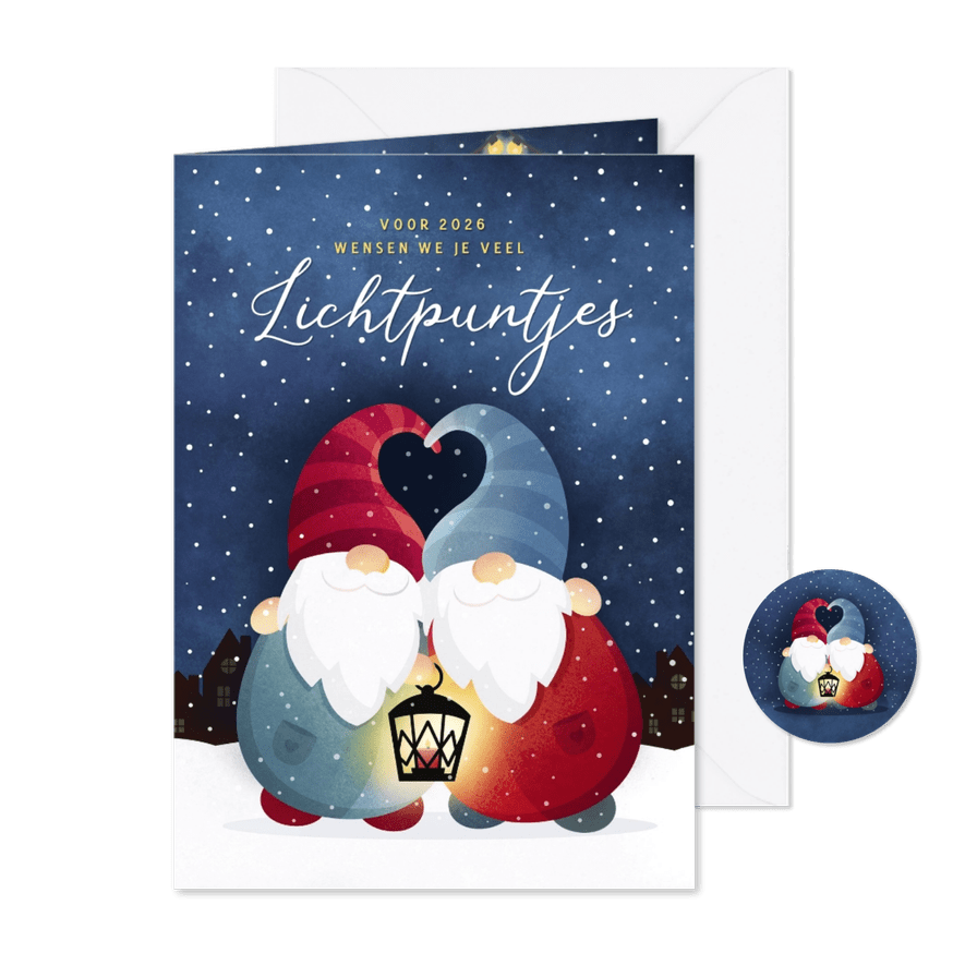 Nieuwjaarskaart lichtpuntjes 2 kabouters met lantaarntje - Kaartimpressie