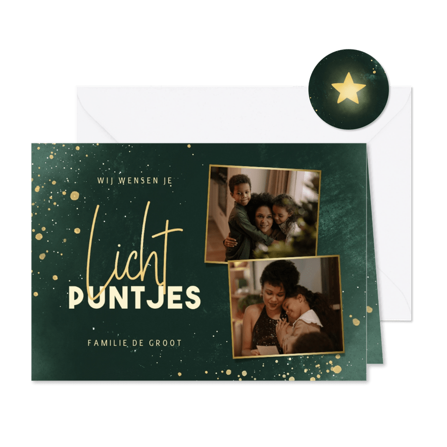 Nieuwjaarskaart lichtpuntjes met 2 foto's groen met spetters - Kaartimpressie