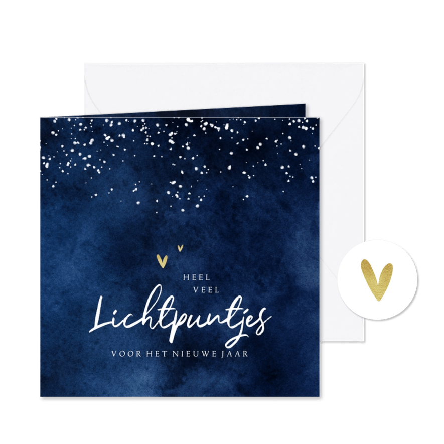 Nieuwjaarskaart lichtpuntjes sterren hartjes waterverf - Kaartimpressie