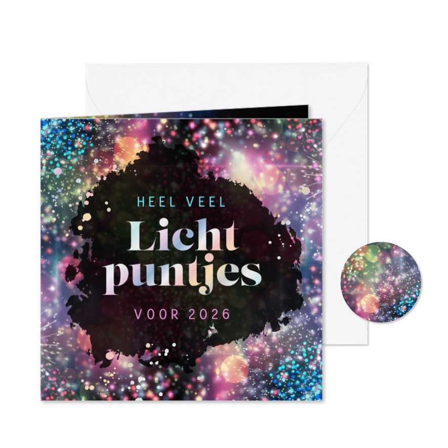Nieuwjaarskaart lichtpuntjes vuurwerk holografisch 2026 - Kaartimpressie