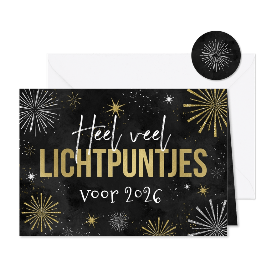 Nieuwjaarskaart lichtpuntjes vuurwerk sterren oliebol - Kaartimpressie
