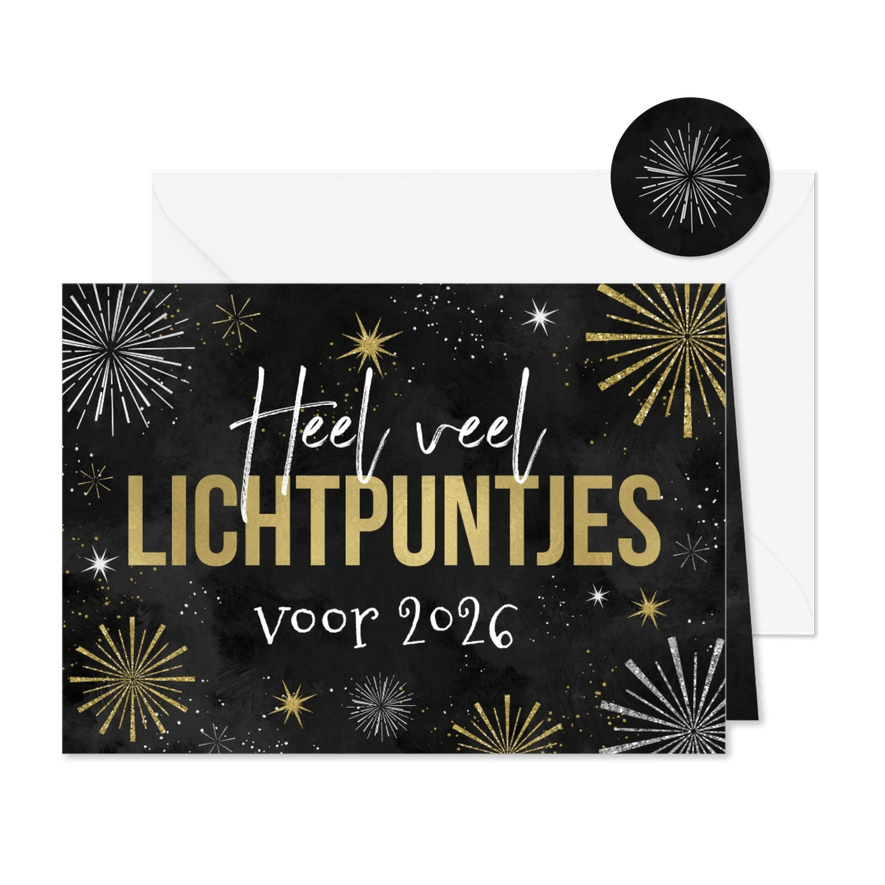 Nieuwjaarskaart lichtpuntjes vuurwerk sterren oliebol - Kaartimpressie