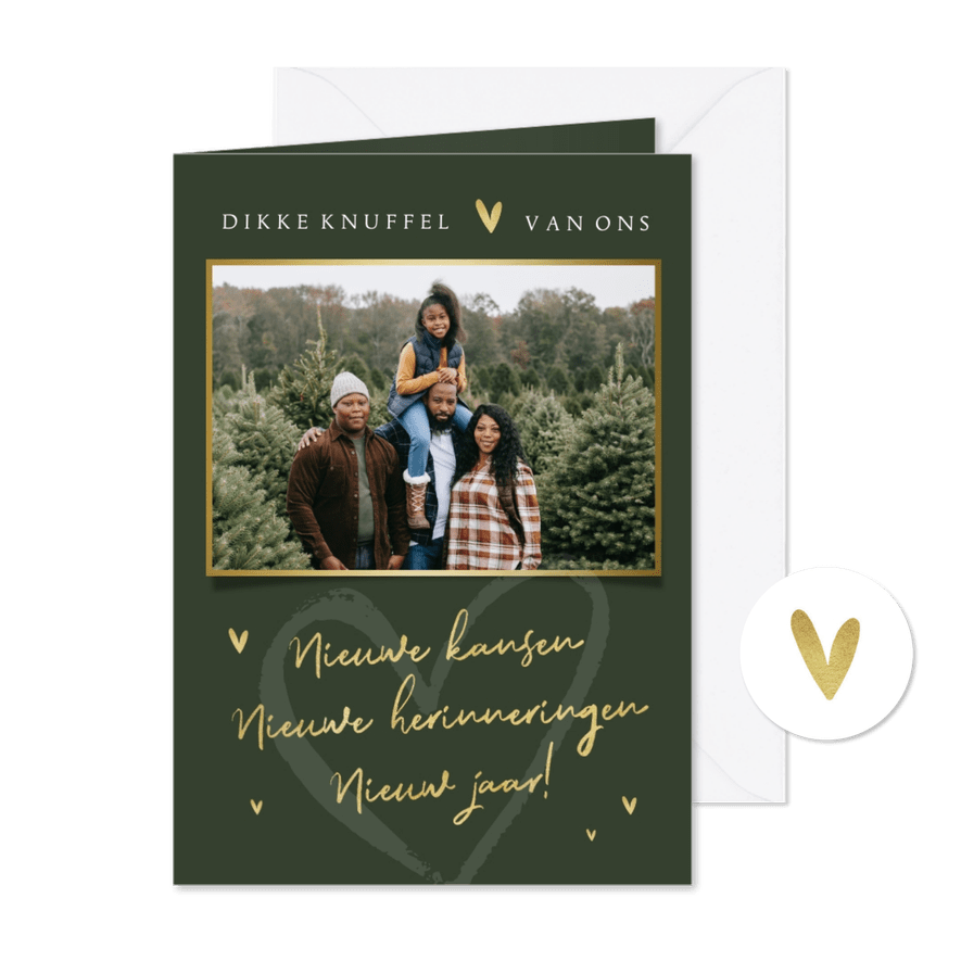 Nieuwjaarskaart liefde foto groen goud hartjes - Kaartimpressie