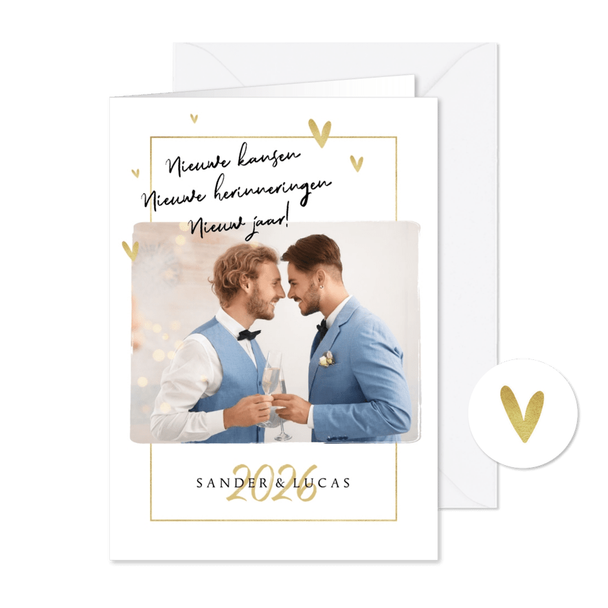 Nieuwjaarskaart liefde nieuw jaar nieuwe kansen goud hartjes - Kaartimpressie