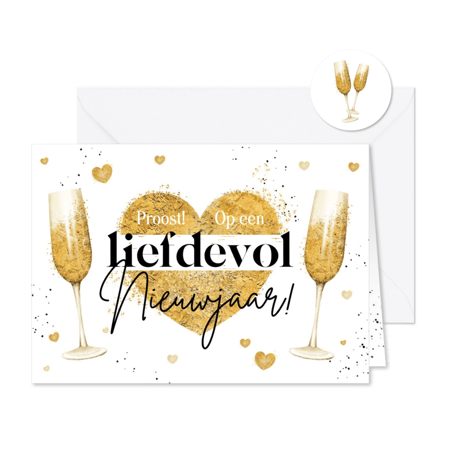 Nieuwjaarskaart liefdevol hartjes champagne goud proost - Kaartimpressie