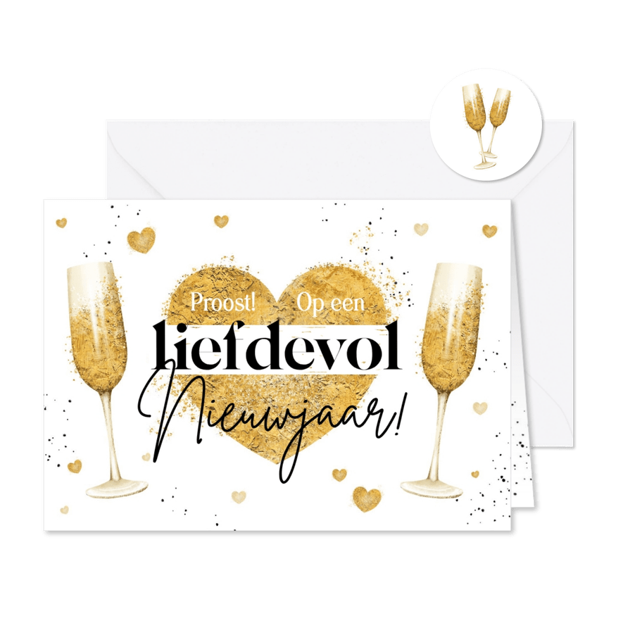 Nieuwjaarskaart liefdevol hartjes champagne goud proost - Kaartimpressie