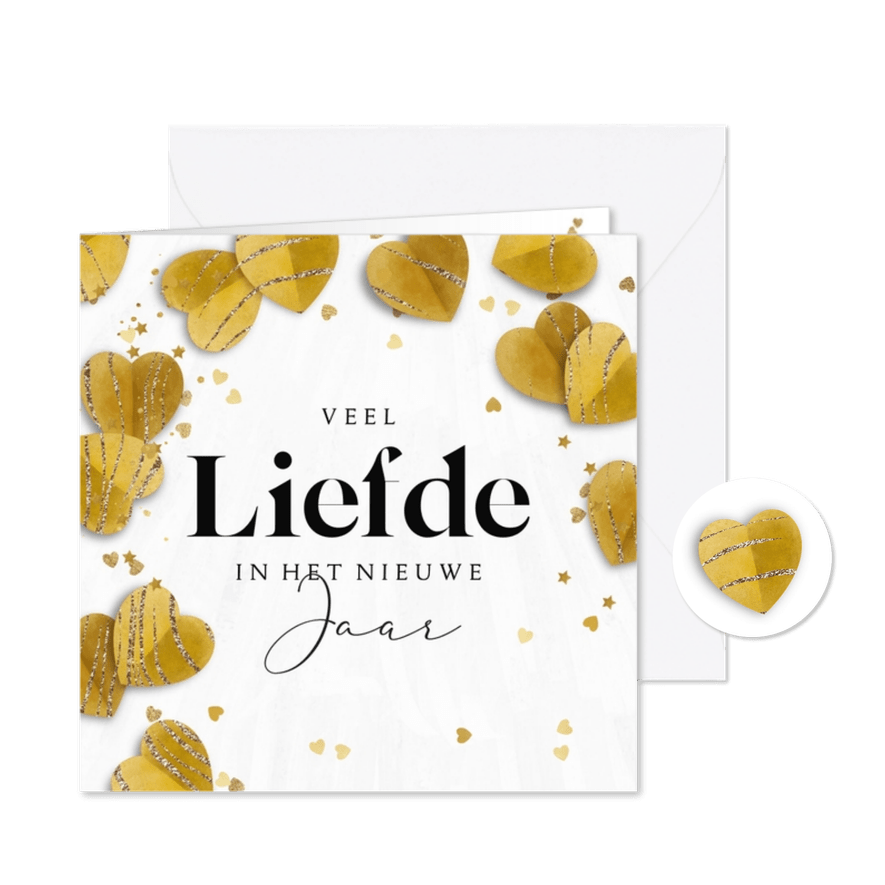 Nieuwjaarskaart liefdevol hartjes confetti goud ster - Kaartimpressie
