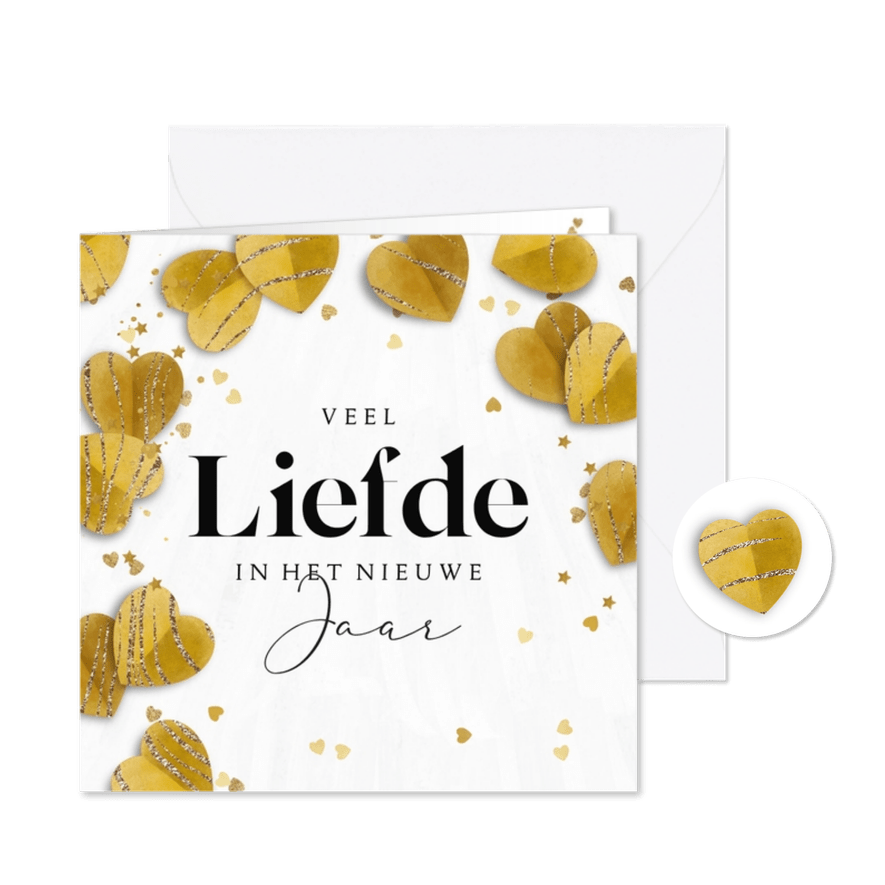 Nieuwjaarskaart liefdevol hartjes confetti goud ster - Kaartimpressie
