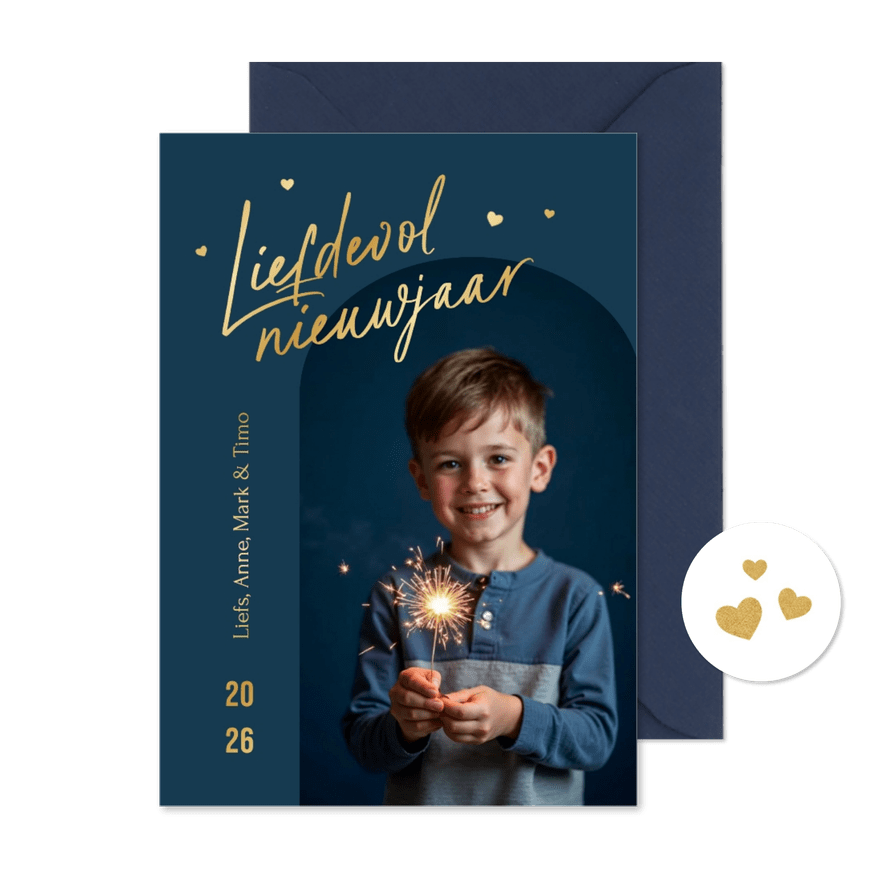 Nieuwjaarskaart liefdevol nieuwjaar foto hartjes goud - Kaartimpressie