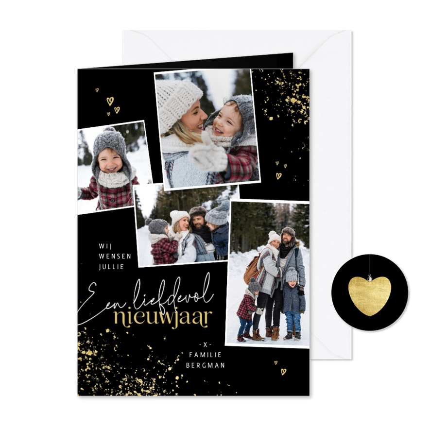 Nieuwjaarskaart liefdevol nieuwjaar goudlook en fotocollage - Kaartimpressie