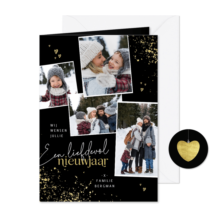Nieuwjaarskaart liefdevol nieuwjaar goudlook en fotocollage - Kaartimpressie