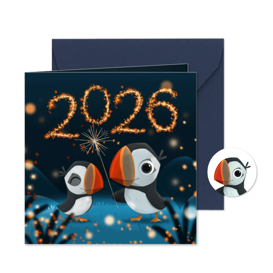 Nieuwjaarskaart lieve diertjes papegaaiduikers lichtpuntjes - Kaartimpressie