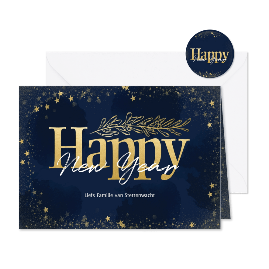 Nieuwjaarskaart liggend gouden sterren - Happy New Year - Kaartimpressie