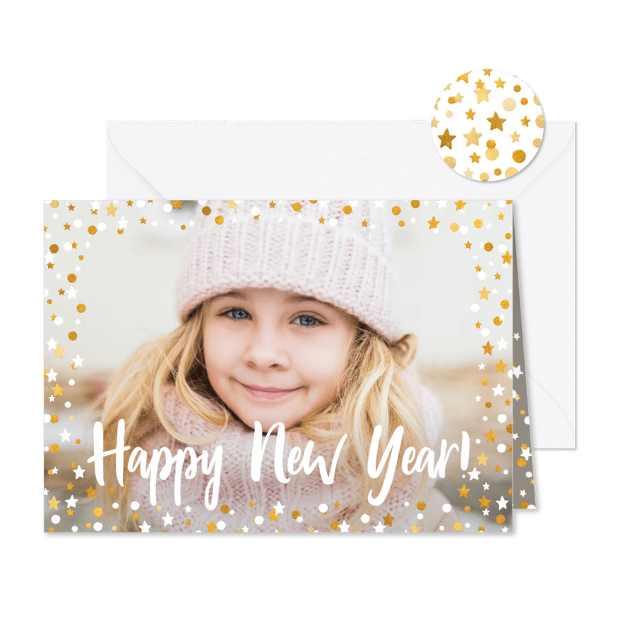 Nieuwjaarskaart liggend gouden sterren met confetti en foto - Kaartimpressie