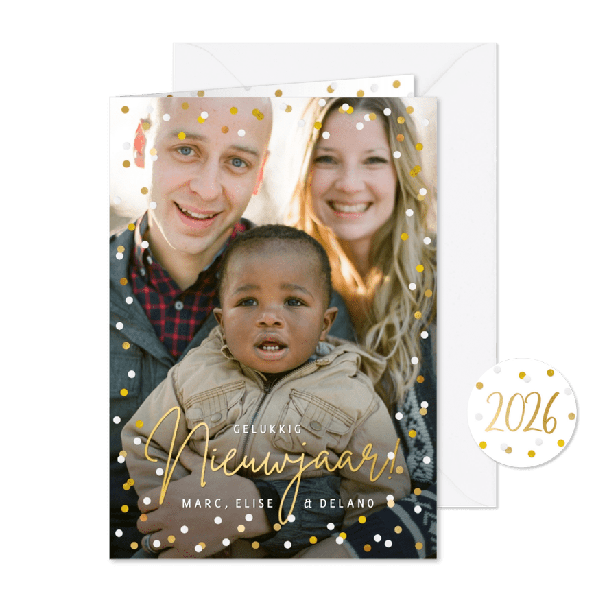 Nieuwjaarskaart met 1 grote eigen foto en confetti rondom - Kaartimpressie