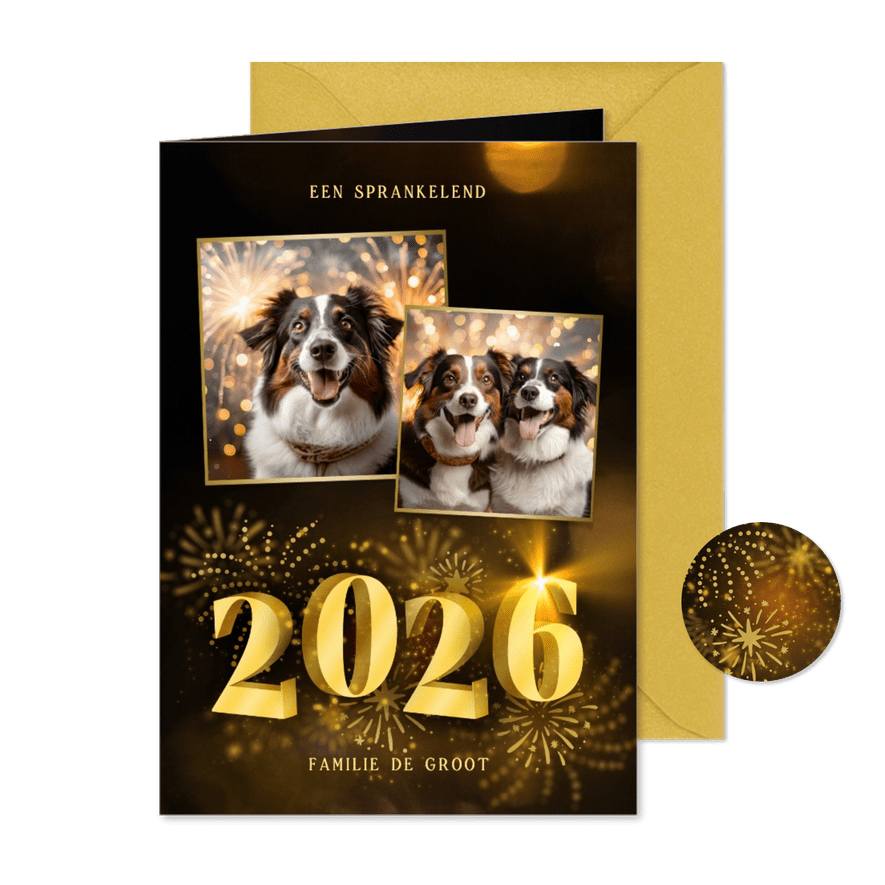 Nieuwjaarskaart met 2026 3D met 2 foto's en vuurwerk - Kaartimpressie