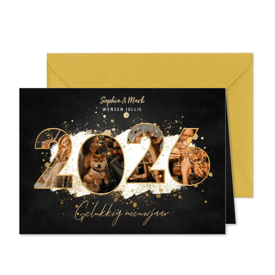 Nieuwjaarskaart met 2026 fotocollage, witte verf en spetters - Kaartimpressie