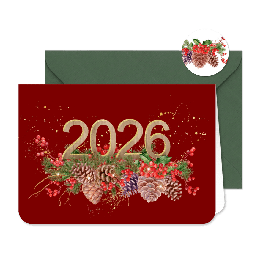 Nieuwjaarskaart met 2026 in hout met goud - Kaartimpressie