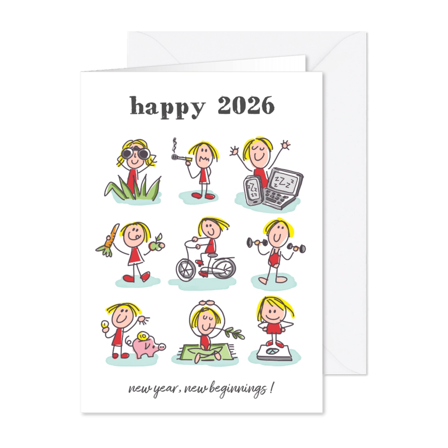 Nieuwjaarskaart met 9 figuurtjes met goede voornemens - Kaartimpressie