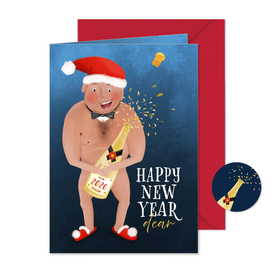 Nieuwjaarskaart met blote man en champagne - Kaartimpressie