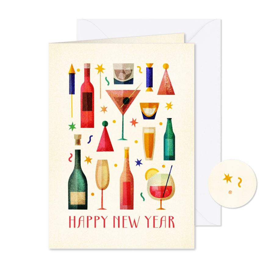 Nieuwjaarskaart met champagne, drank en glazen - Kaartimpressie