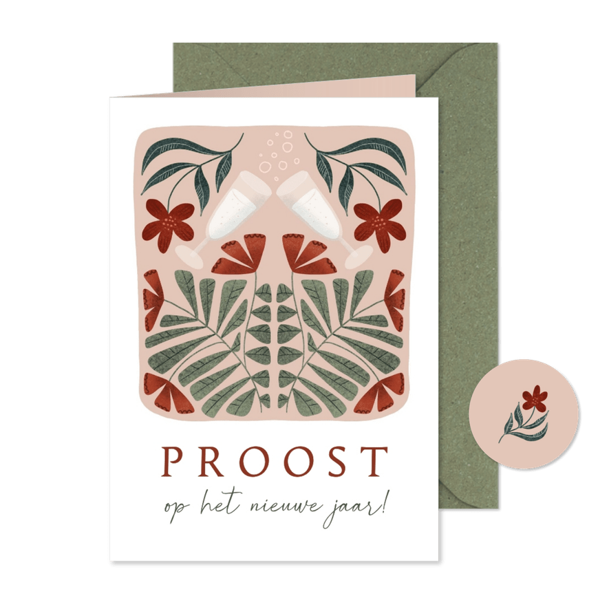 Nieuwjaarskaart met champagne en botanisch thema - Kaartimpressie