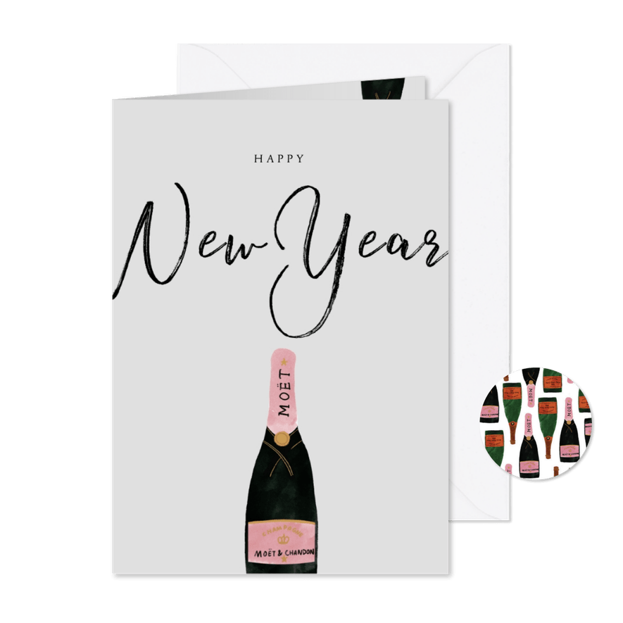 Nieuwjaarskaart met champagnefles en happy New Year - Kaartimpressie
