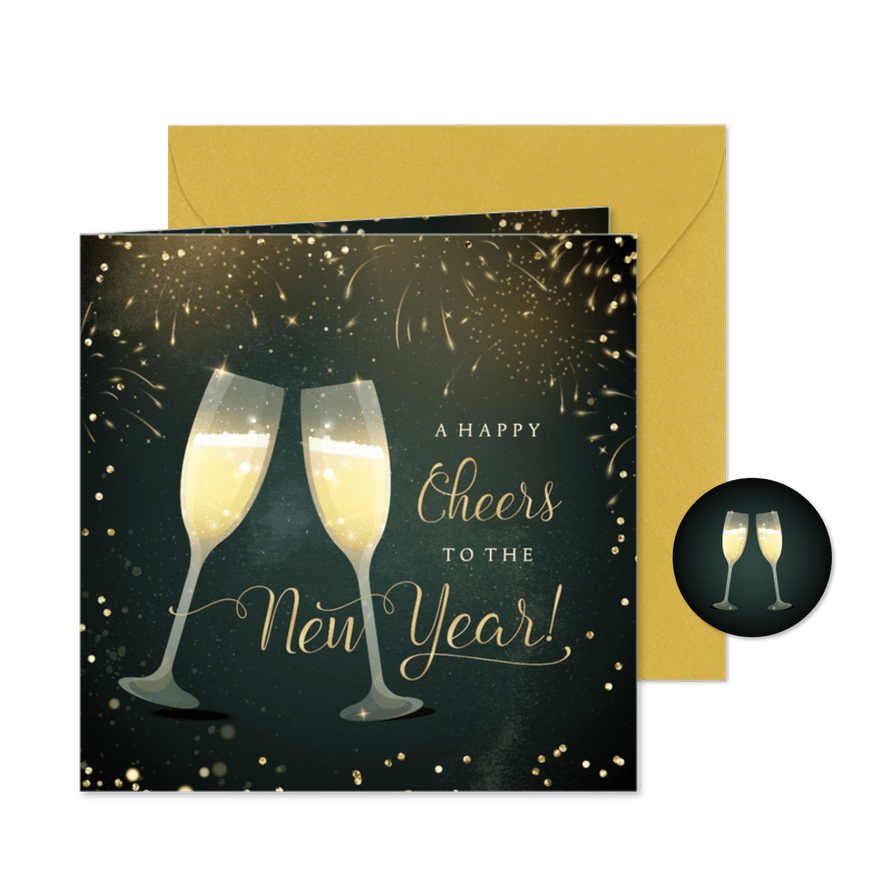 Nieuwjaarskaart met champagneglazen en goudlook typografie - Kaartimpressie