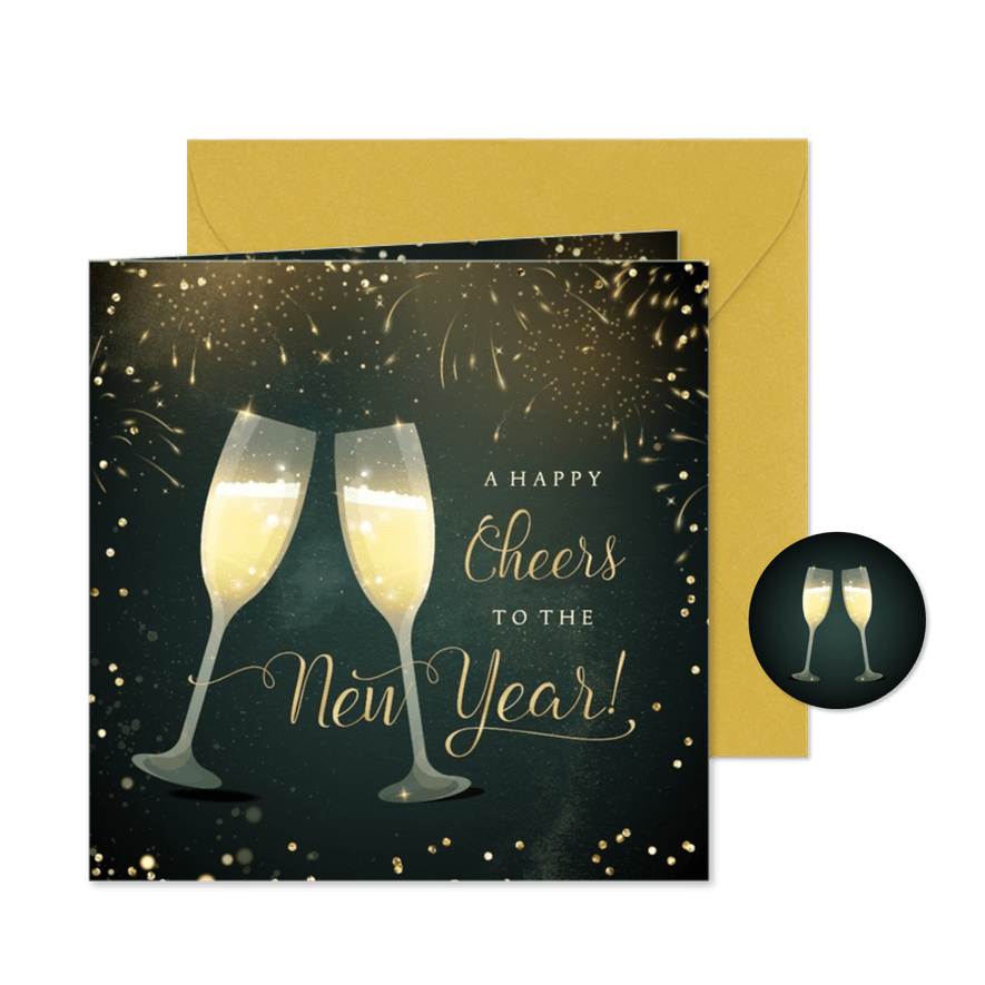 Nieuwjaarskaart met champagneglazen en goudlook typografie - Kaartimpressie
