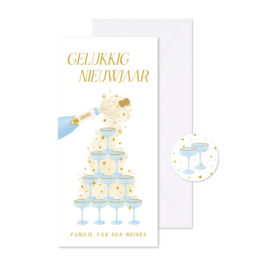 Nieuwjaarskaart met champagnetoren wit en lichtblauw - Kaartimpressie