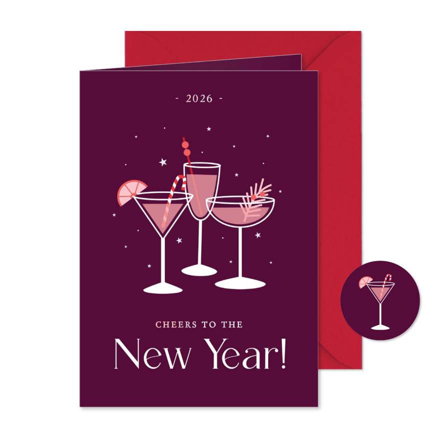 Nieuwjaarskaart met cocktail glaasjes en sterretjes - Kaartimpressie