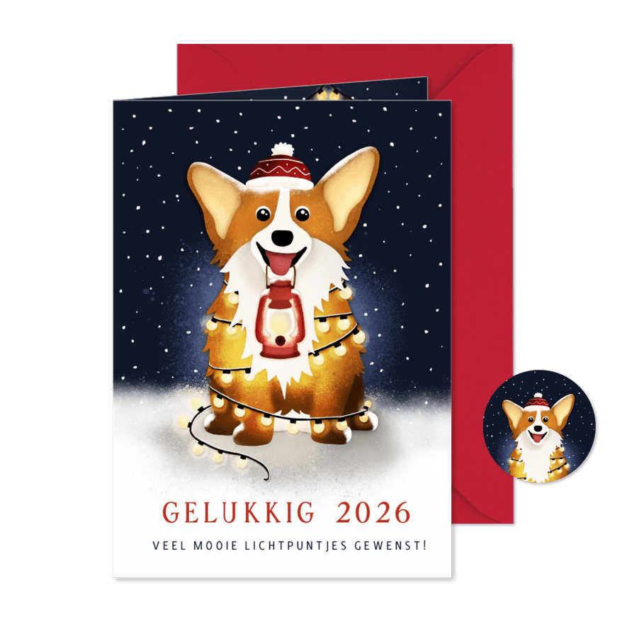 Nieuwjaarskaart met corgi hond met lampjes in de nacht - Kaartimpressie