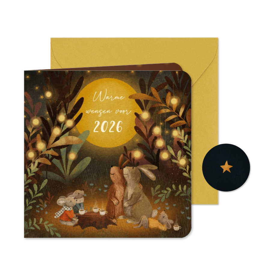 Nieuwjaarskaart met dieren die genieten van het samenzijn - Kaartimpressie