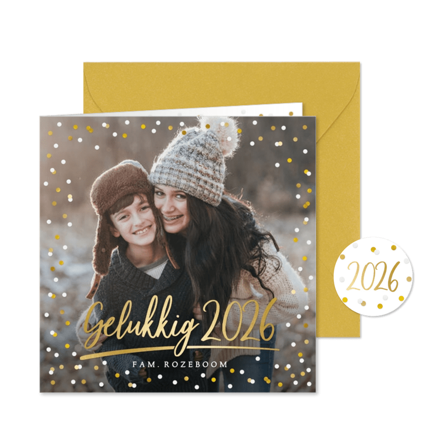 Nieuwjaarskaart met eigen foto, gouden 2026 en confetti - Kaartimpressie
