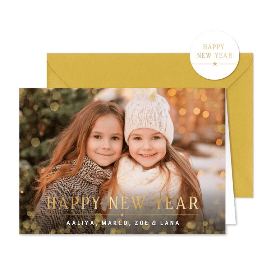 Nieuwjaarskaart met eigen foto goudfolie happy new year - Kaartimpressie